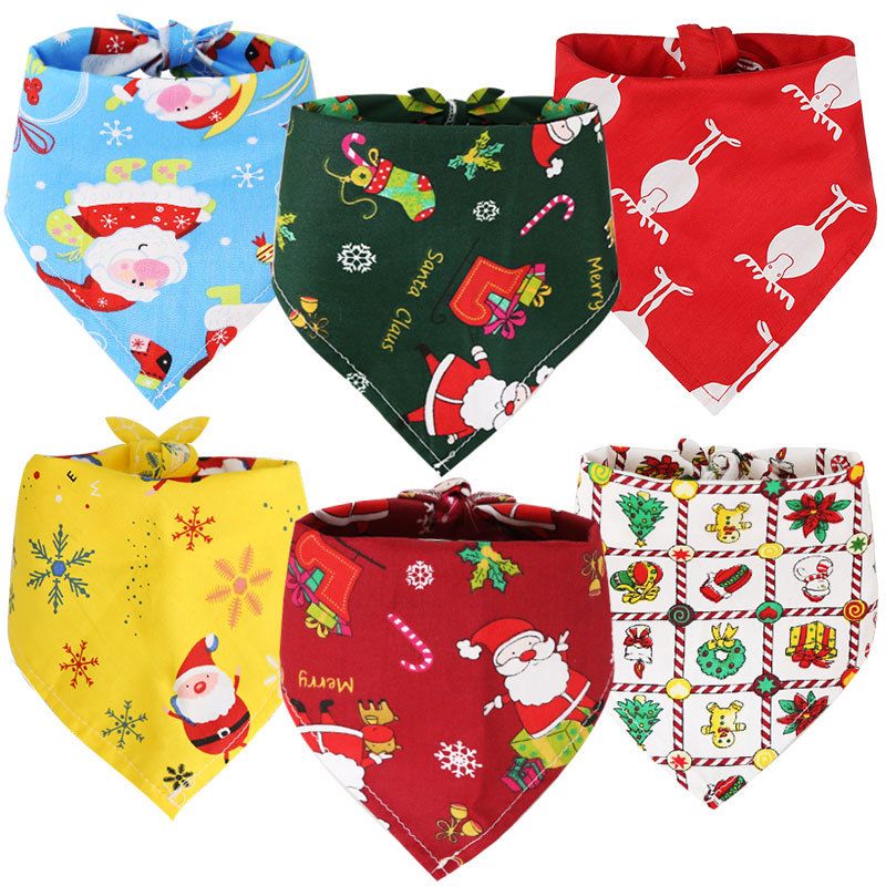 Dog Christmas Triangle Scarf Cotton Cartoon (Anhui hair) Christmas triangle scarf red background white deer Small size (suitable for pets within 10 Jin)