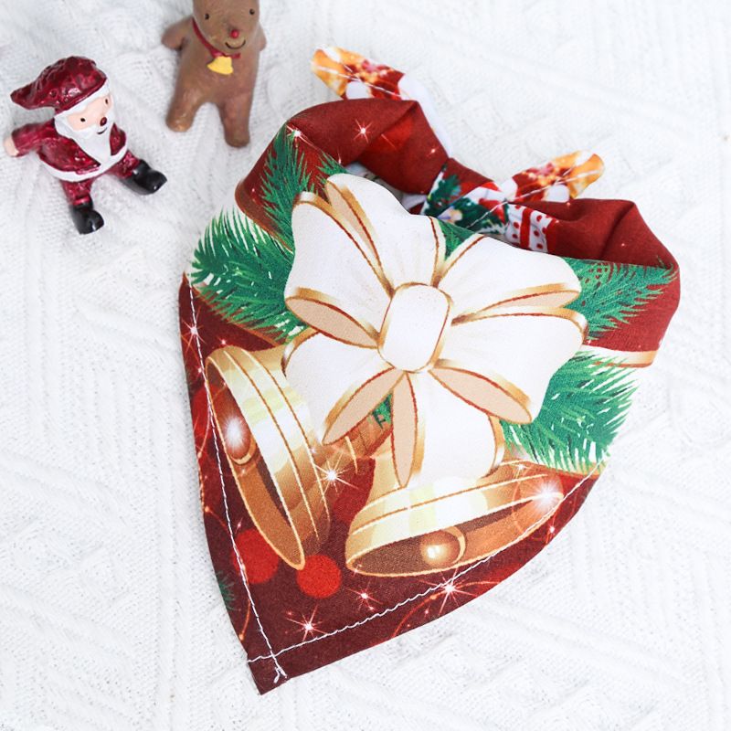 Dog Christmas Triangle Scarf Cotton Cartoon (Anhui hair) triangle towel wine red background double bell Large size (suitable for pets from 10kg to 50kg)