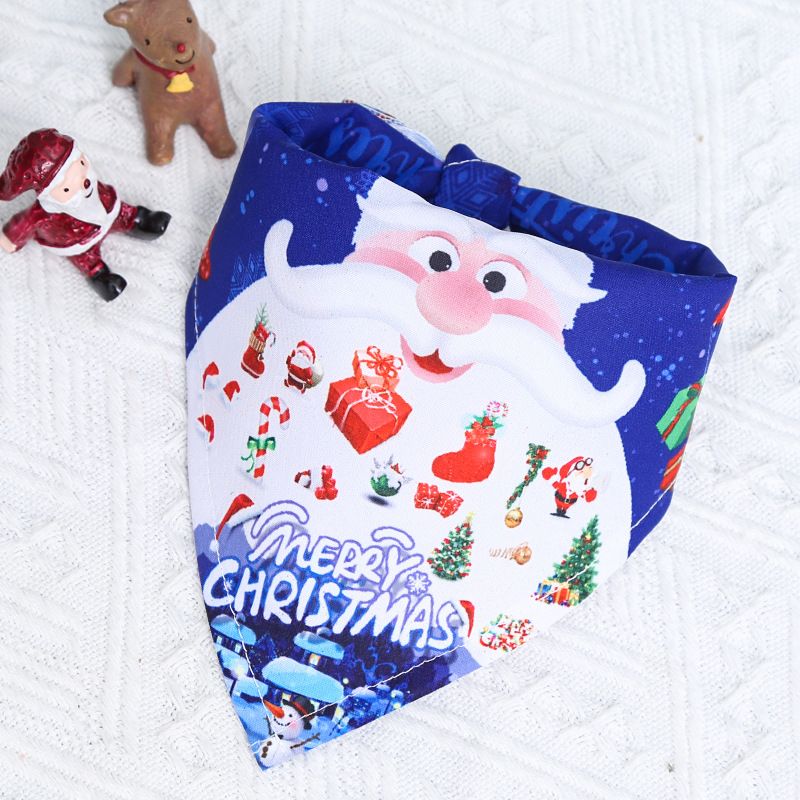 Dog Christmas Triangle Scarf Cotton Cartoon (Anhui hair) triangle towel dark blue bottom white old man Large size (suitable for pets from 10kg to 50kg)