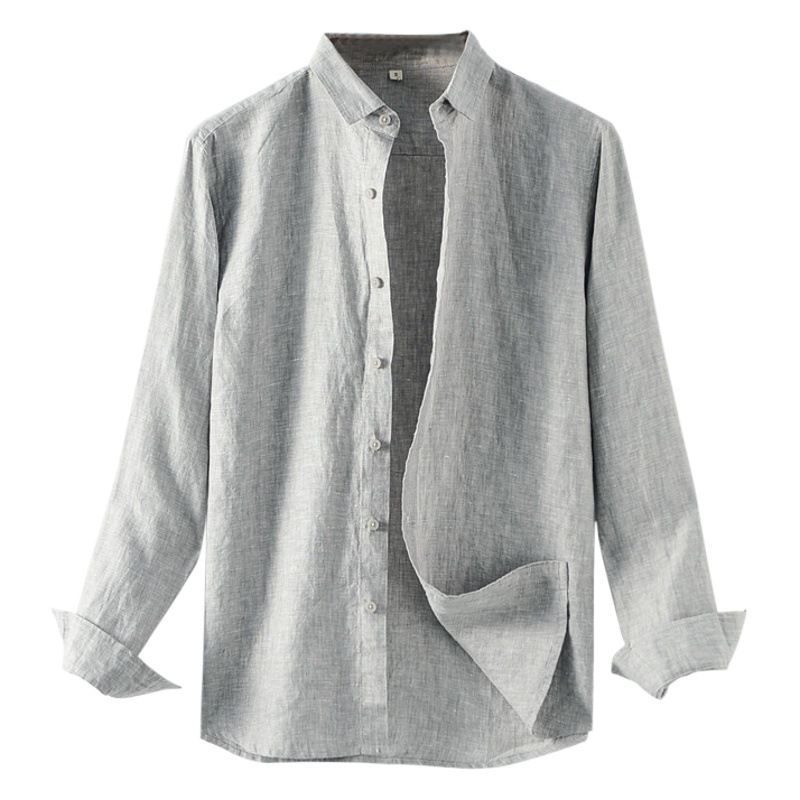 Ma Ke Linen Shirt Men Long Sleeve Lapel D031 Grey