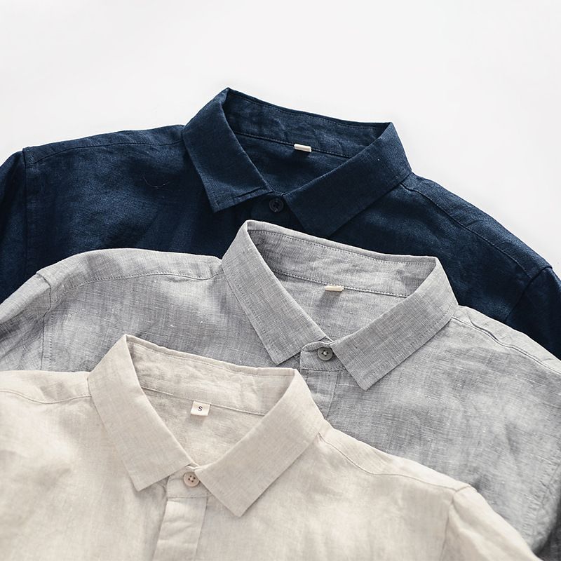 Ma Ke Linen Shirt Men Long Sleeve Lapel D031 Grey