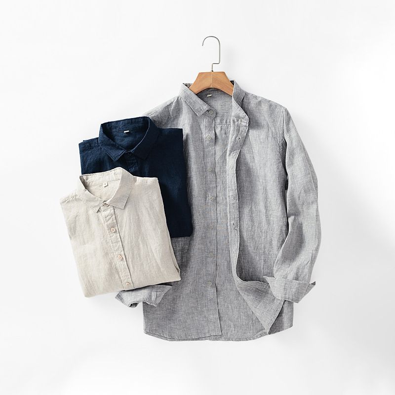 Ma Ke Linen Shirt Men Long Sleeve Lapel D031 Grey XL