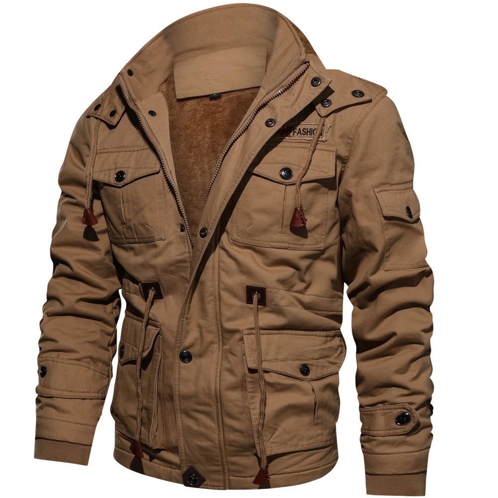 MOOGEN Men Thickened Hooded Jacket Winter Casual Khaki Size: M; Height (cm): 165-170; Weight (kg): 55-65; Bust (cm): 100; Shoulder width (cm): 44; Length (cm): 66; Sleeve length (cm): 60