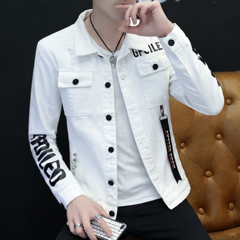 Tiwang Men Slim Korean Denim Jacket Long Sleeve Tide Brand House 181 White XXL Size: 2XL; Height (cm): 180-185; Weight (kg): 85-95; Bust (cm): 112; Shoulder width (cm): 47; Length (cm): 72; Sleeve length (cm): 66