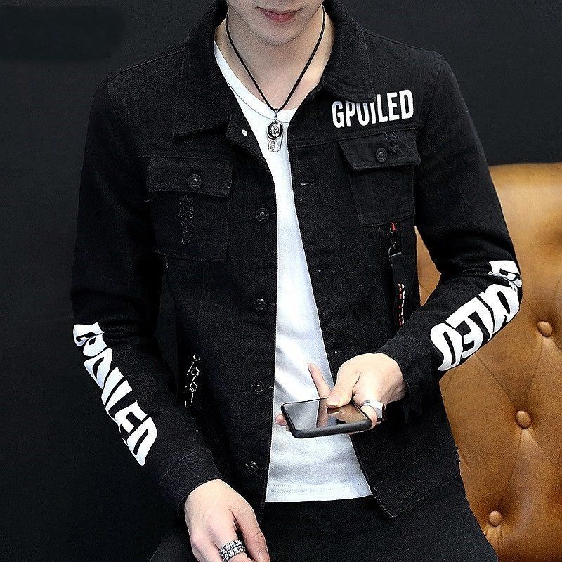 Tiwang Men Slim Korean Denim Jacket Long Sleeve Chao Brand House 181 Black Size: L; Height (cm): 170-175; Weight (kg): 65-75; Bust (cm): 104; Shoulder width (cm): 45; Length (cm): 68; Sleeve length (cm): 62