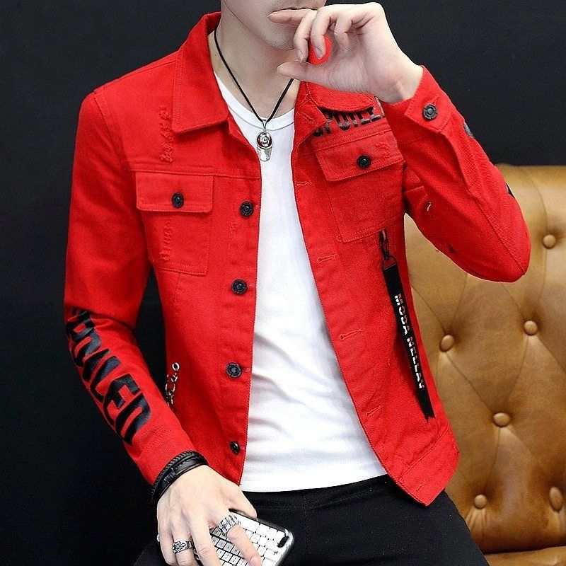 Tiwang Men Slim Korean Denim Jacket Long Sleeve Chao Brand House 181 Red Size: L; Height (cm): 170-175; Weight (kg): 65-75; Bust (cm): 104; Shoulder width (cm): 45; Length (cm): 68; Sleeve length (cm): 62