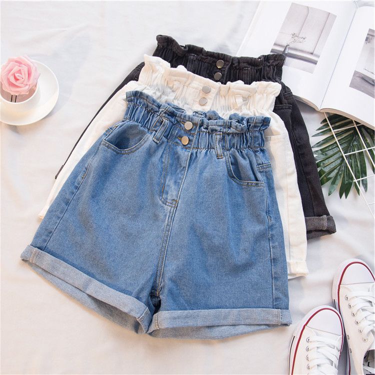 Women Denim Shorts High Waist Wide Leg Cotton Blue