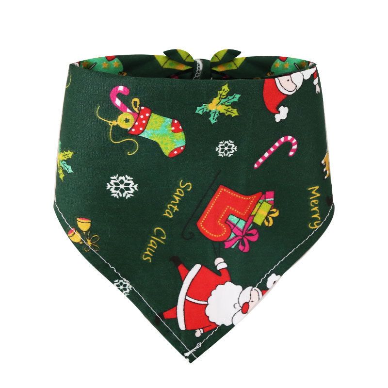 Dog Christmas Triangle Scarf Cotton Cartoon (Anhui hair) Christmas triangle towel green bottom old man Small size (suitable for pets within 10 Jin)
