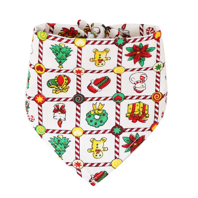 Dog Christmas Triangle Scarf Cotton Cartoon (Anhui hair) Christmas triangle white plaid gift Small size (suitable for pets within 10 Jin)
