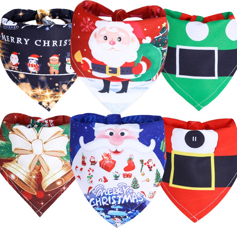 Dog Christmas Triangle Scarf Cotton Cartoon (Anhui hair) Christmas triangle towel sky blue bottom old man Small size (suitable for pets within 10 Jin)