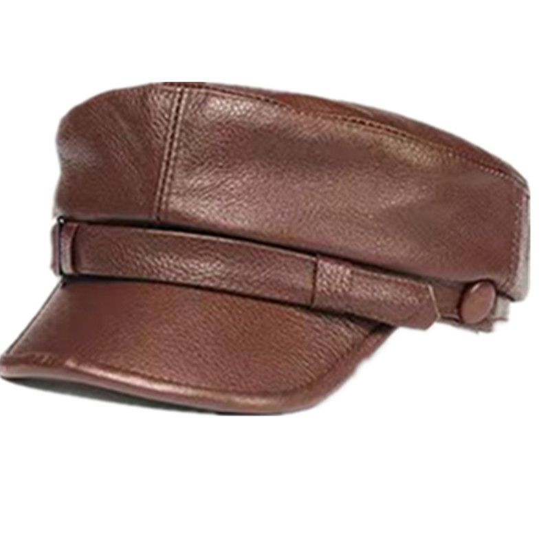 Nine Cloud Dreams Cowhide Beret Flat Top Winter Black snap-fit flat cap