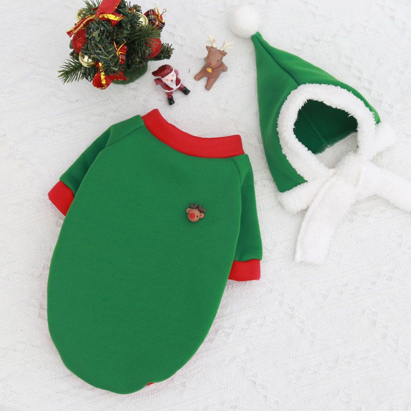 Christmas Pet Clothes Dog Cat Winter Cotton Two-Piece Set (green hat + green sweater)