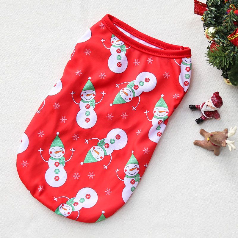 Christmas Pet Clothes Dog Cat Winter Cotton Vest Christmas red background Green snowman L