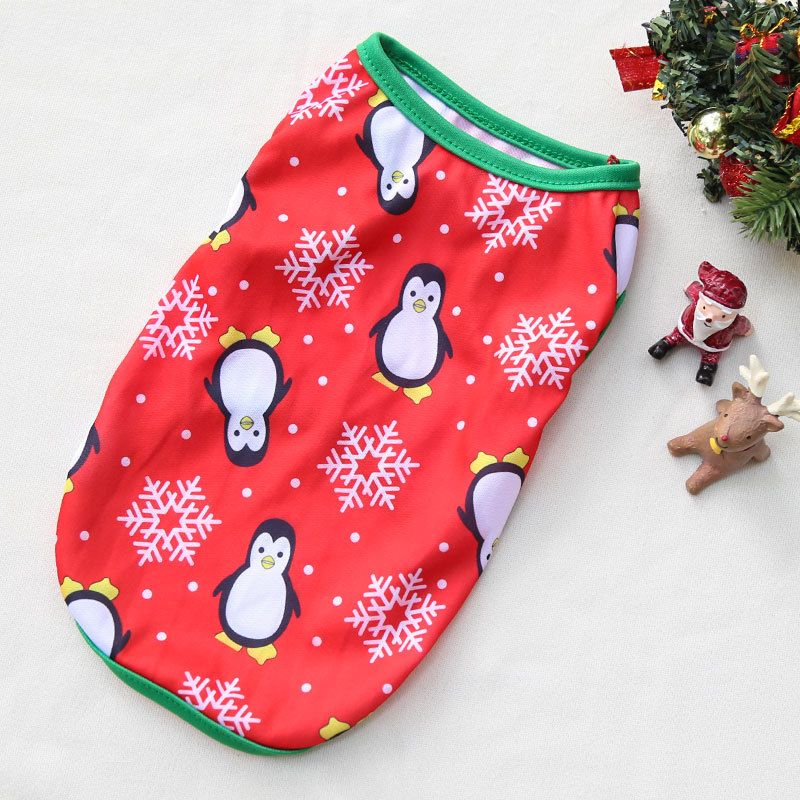 Christmas Pet Clothes Dog Cat Winter Cotton Vest Christmas red background black penguin L