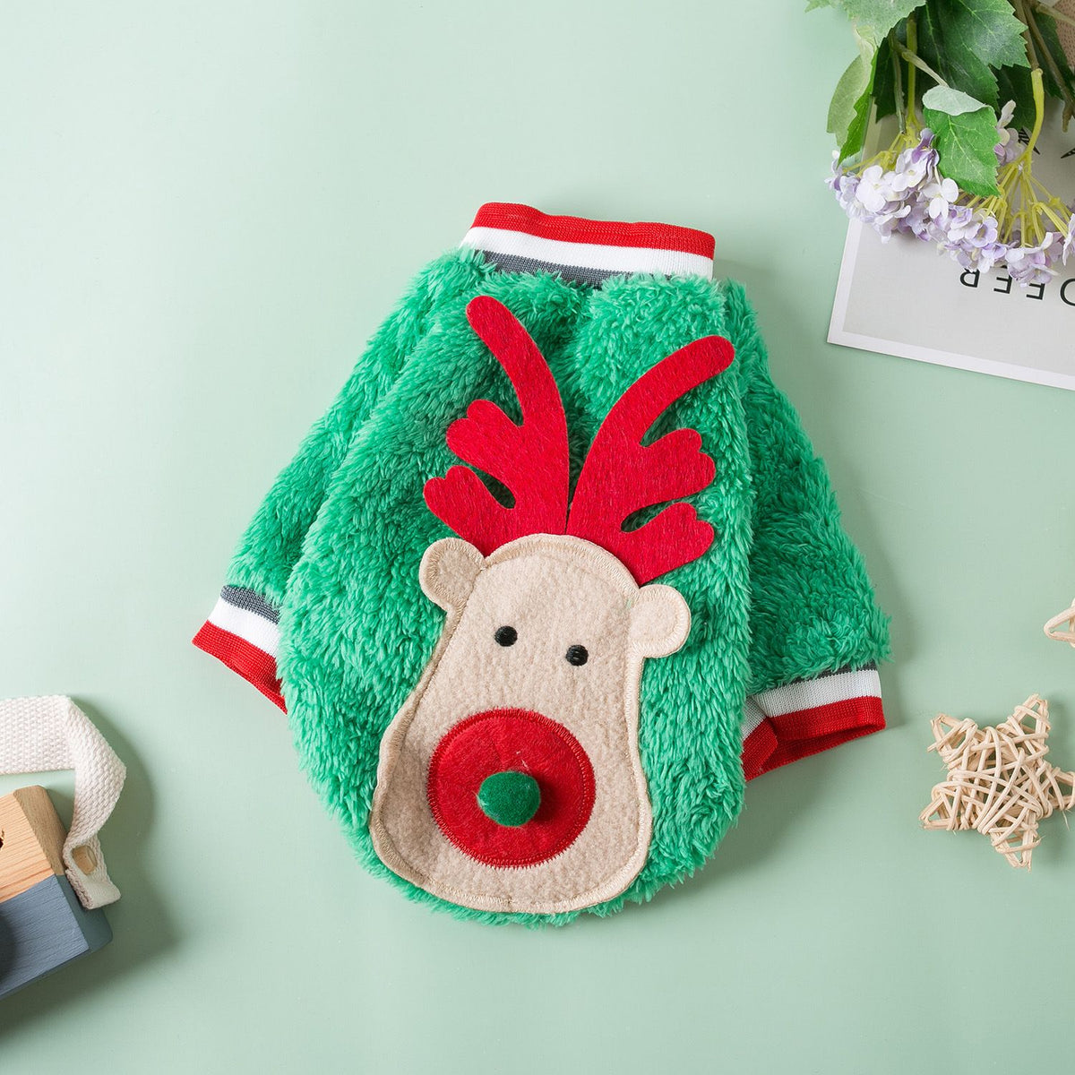 Pet Dog Christmas Deer Antler Fleece Vest Odd Pet Fawn smashes green XS