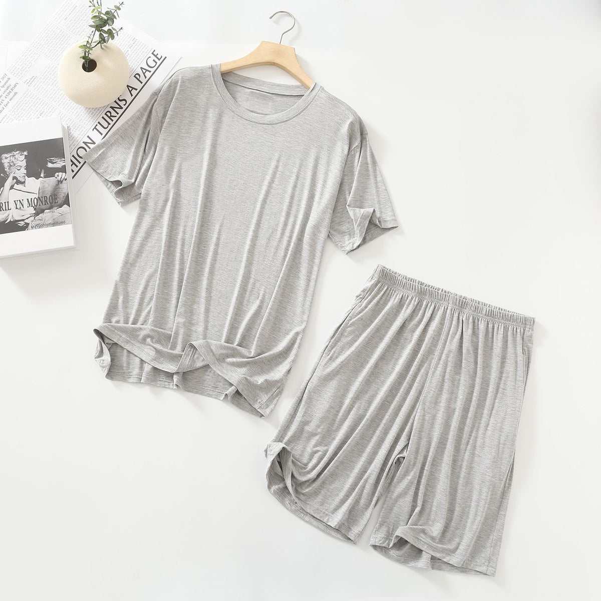 MYAHS Men Modal Sleepwear Set Short Sleeve Shorts Light gray XXL (82.50 kg-110.00 kg