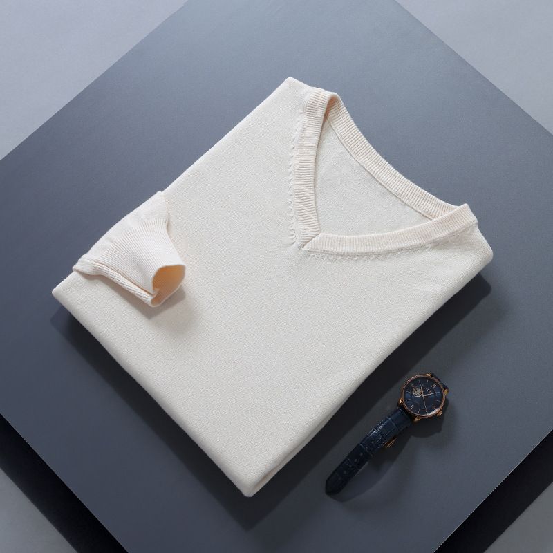 Men V Neck Pullover Knitwear Loose Long Sleeve Beige XXXL