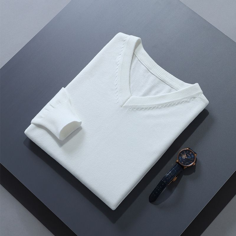 Men V Neck Pullover Knitwear Loose Long Sleeve White XXL