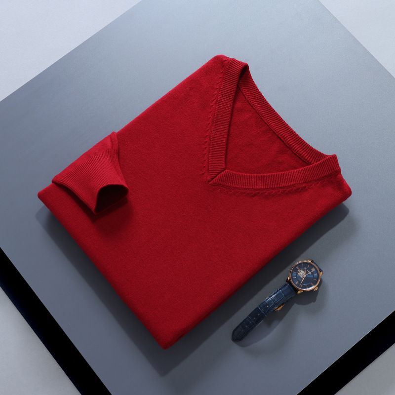 Men V Neck Pullover Knitwear Loose Long Sleeve Burgundy XL