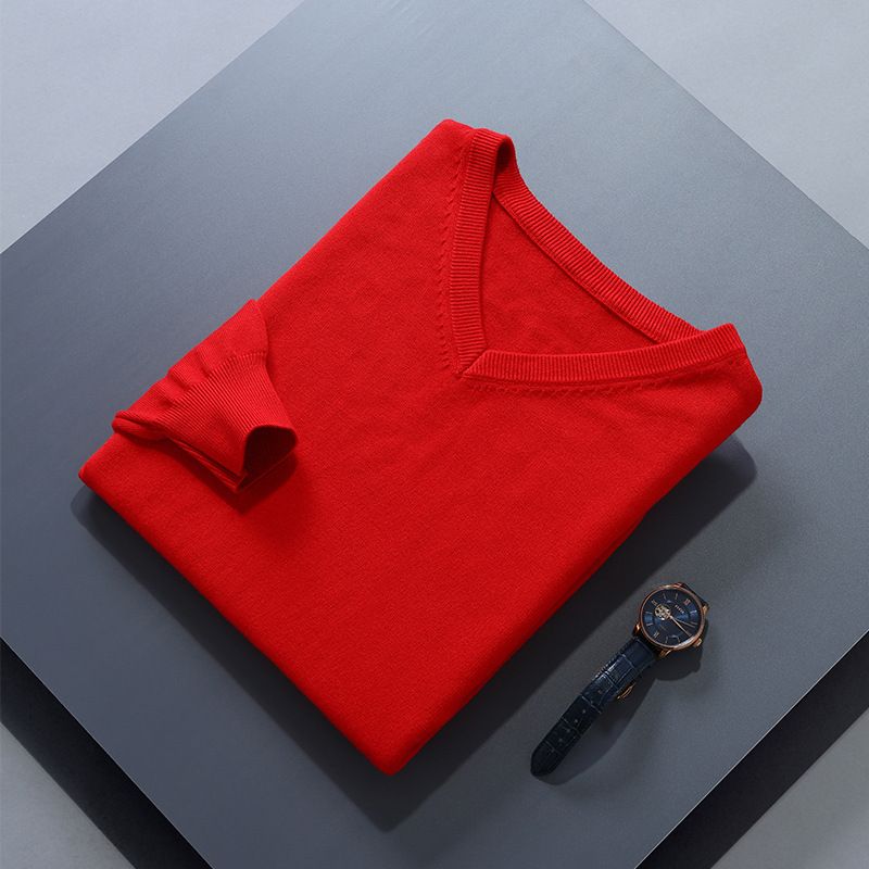Men V Neck Pullover Knitwear Loose Long Sleeve Big Red XXL
