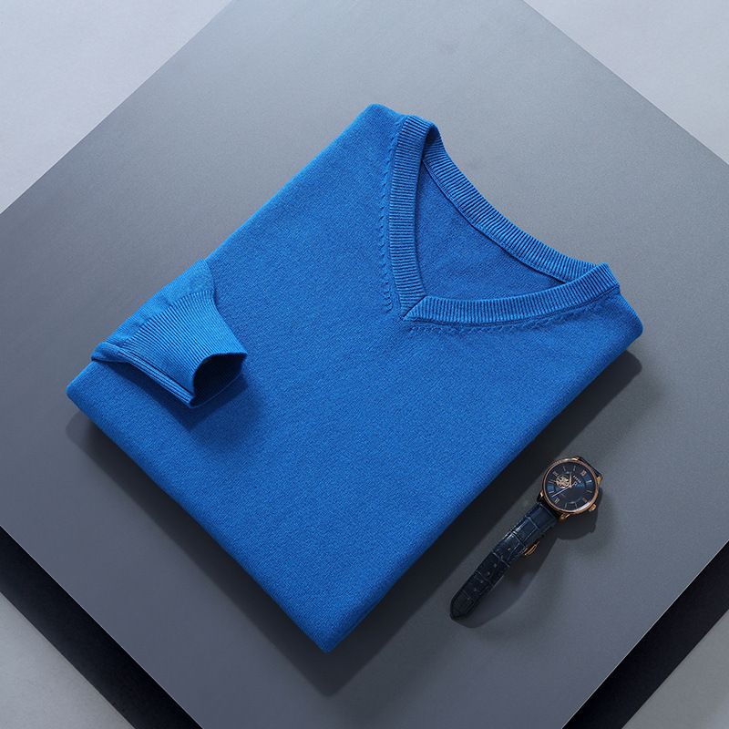 Men V Neck Pullover Knitwear Loose Long Sleeve SEA BLUE XXL