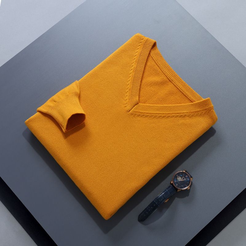 Men V Neck Pullover Knitwear Loose Long Sleeve Ginger yellow