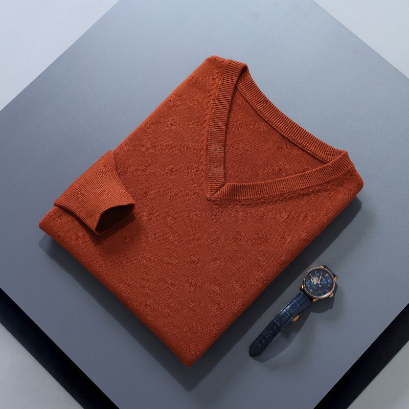 Men V Neck Pullover Knitwear Loose Long Sleeve Caramel XXXL