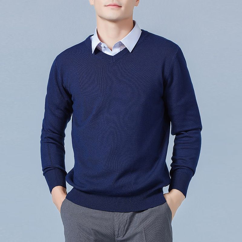 Men V Neck Pullover Knitwear Loose Long Sleeve Dark green XL