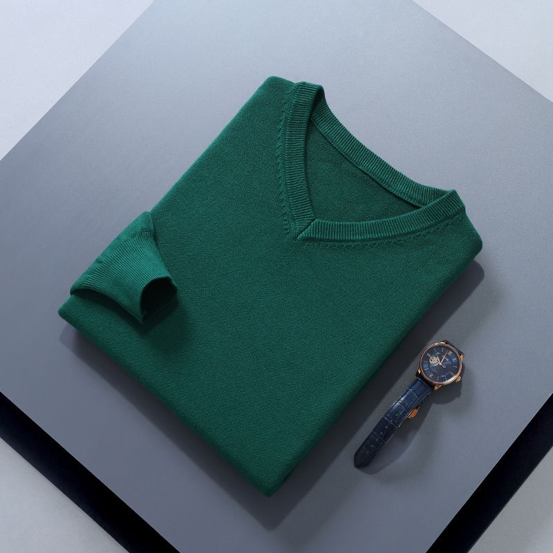 Men V Neck Pullover Knitwear Loose Long Sleeve Dark green XXL