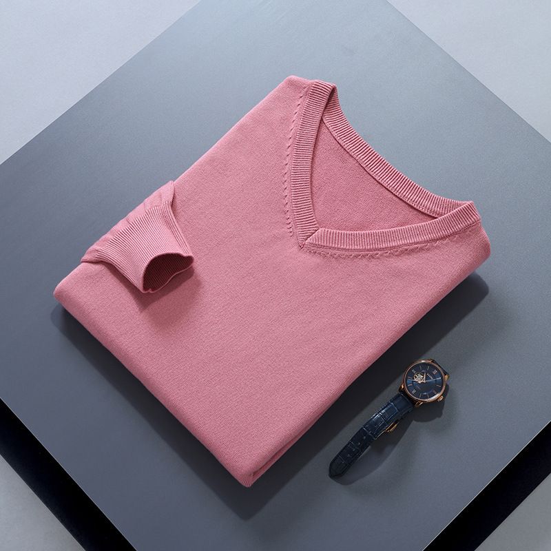 Men V Neck Pullover Knitwear Loose Long Sleeve Leather pink XXXL