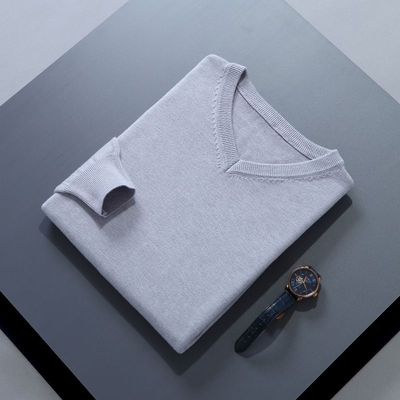 Men V Neck Pullover Knitwear Loose Long Sleeve Light gray XXL