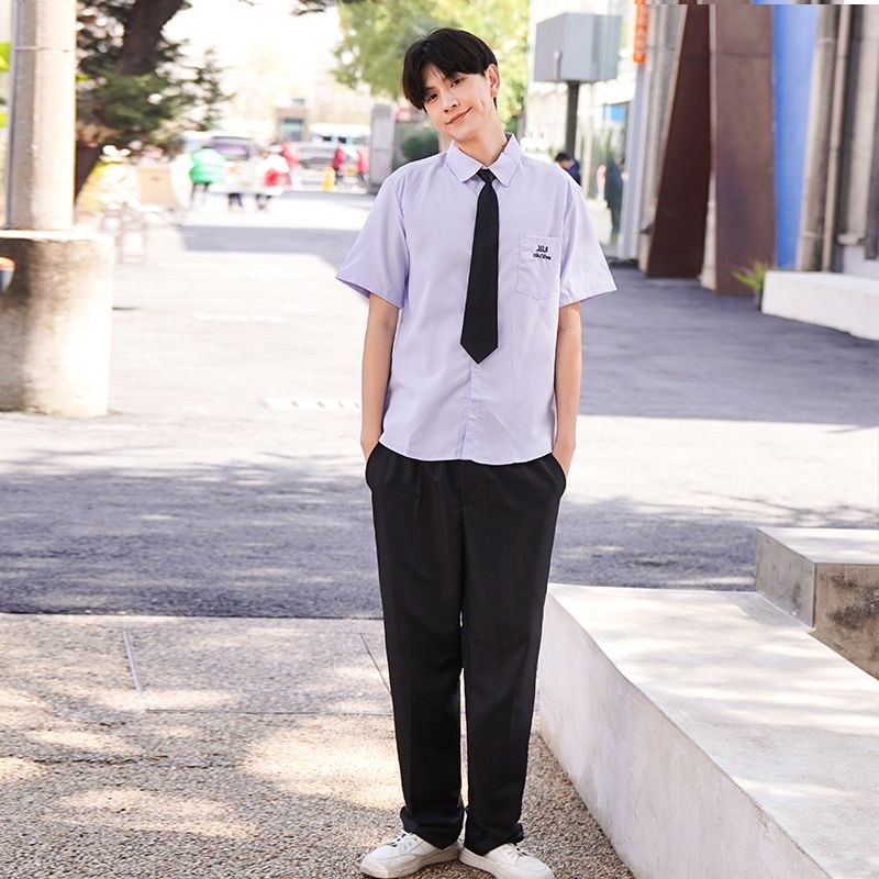 Thai School Uniform Shirt Cotton Blend Embroidery Badge Thai boys short sleeve + black pants + black tie L