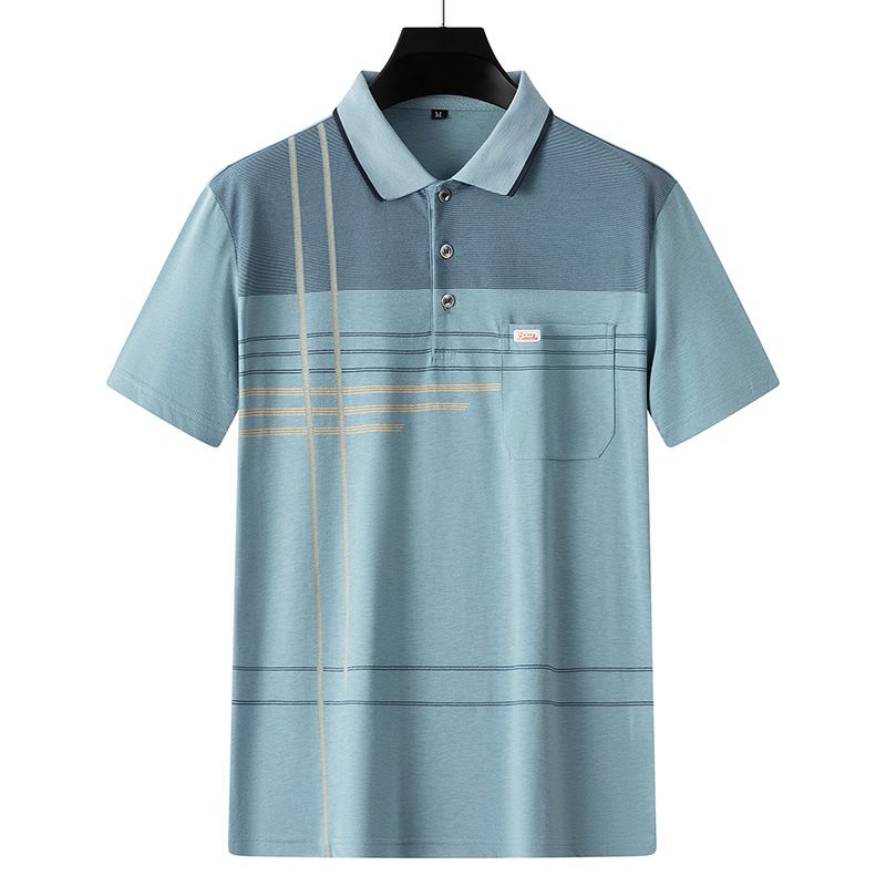 Men Summer Cotton Polo Shirt Loose Breathable B005 Light Blue XXXL