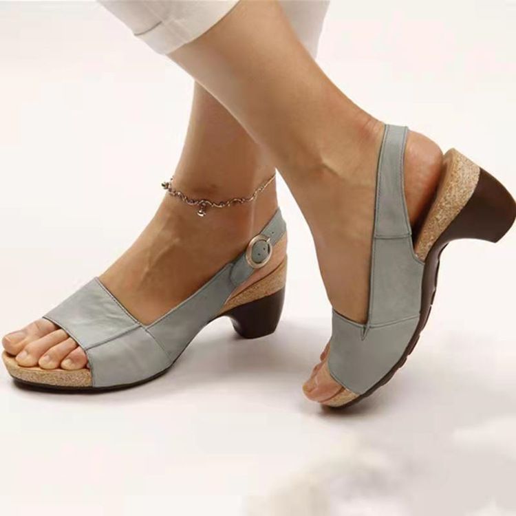 Women Chunky Heel Sandals Buckle Strap PU Rubber Light Blue 40