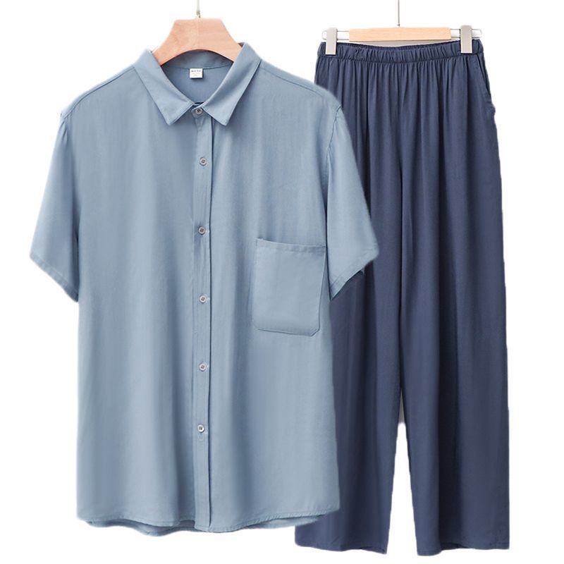 Men Rayon Short Sleeve Suit Set Summer Thin Casual Light blue top + gray blue trousers 4XL