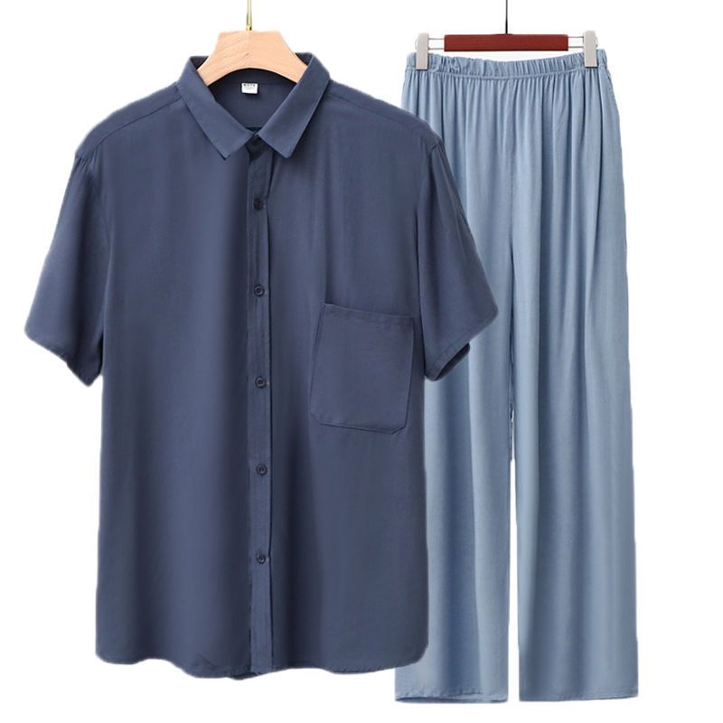 Men Rayon Short Sleeve Suit Set Summer Thin Casual Light blue top + gray blue trousers 4XL