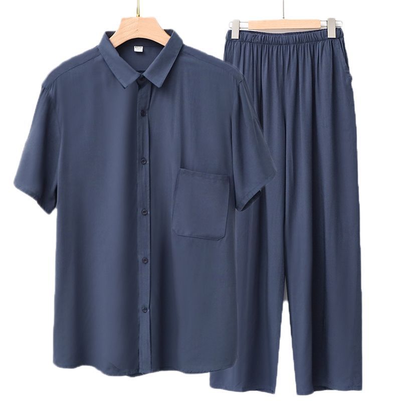 Men Rayon Short Sleeve Suit Set Summer Thin Casual Light blue top + navy blue trousers 4XL