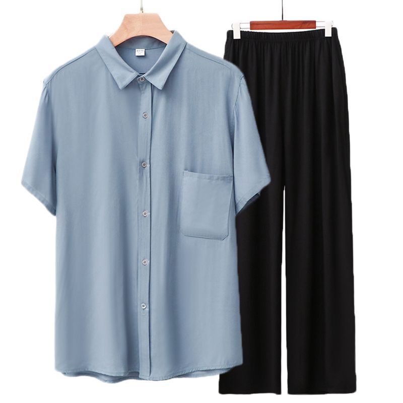 Men Rayon Short Sleeve Suit Set Summer Thin Casual Light blue top + navy blue trousers 4XL
