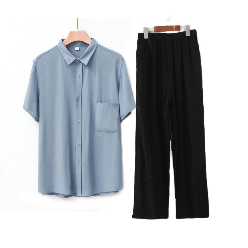 Men Rayon Short Sleeve Suit Set Summer Thin Casual Light blue top + navy blue trousers 4XL