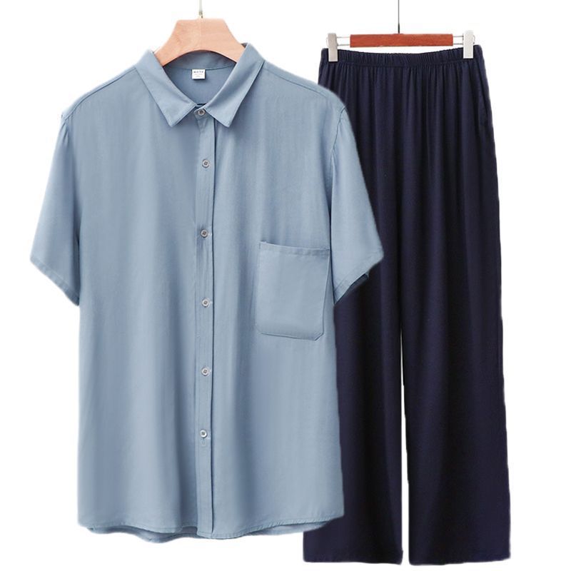 Men Rayon Short Sleeve Suit Set Summer Thin Casual Light blue top + navy blue trousers 5XL