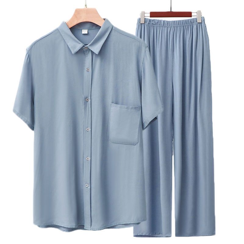 Men Rayon Short Sleeve Suit Set Summer Thin Casual Light blue top + navy blue trousers 5XL