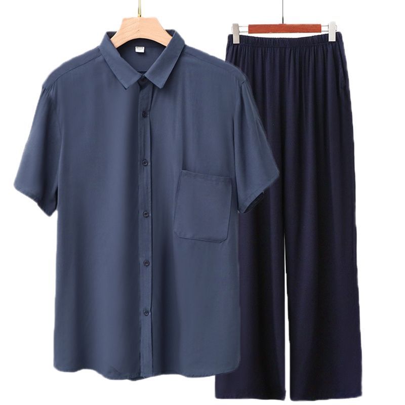 Men Rayon Short Sleeve Suit Set Summer Thin Casual Gray blue top + navy blue trousers 5XL
