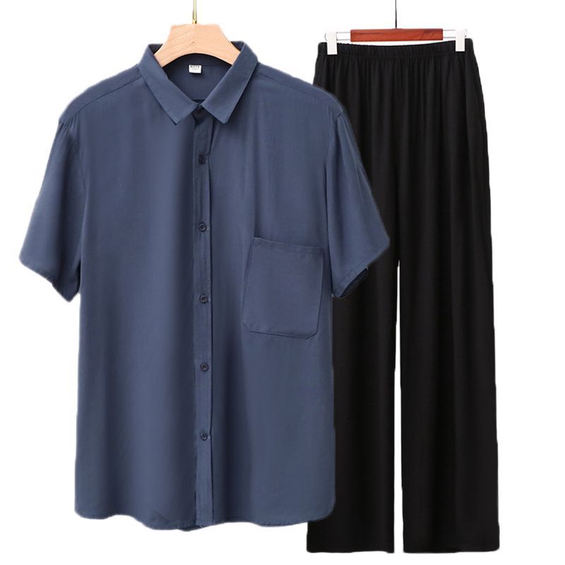 Men Rayon Short Sleeve Suit Set Summer Thin Casual Gray blue top + black trousers 5XL