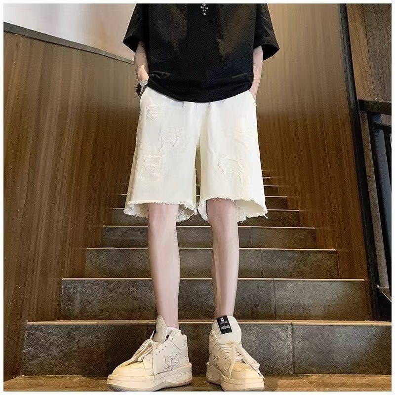 Trendy energy Denim Shorts Men Summer Frayed Straight White 3XL