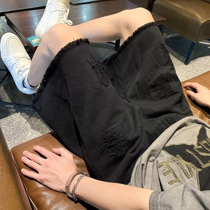 Trendy energy Denim Shorts Men Summer Frayed Straight Black