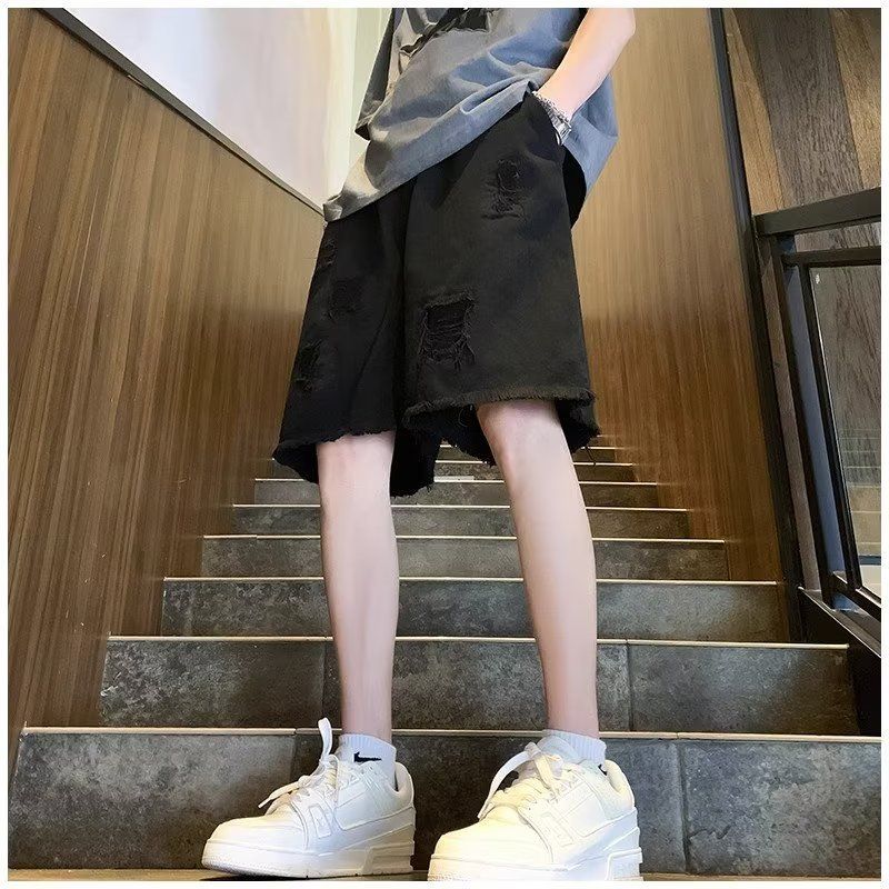 Trendy energy Denim Shorts Men Summer Frayed Straight Black L