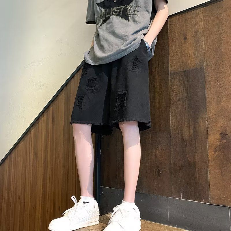 Trendy energy Denim Shorts Men Summer Frayed Straight Black 3XL