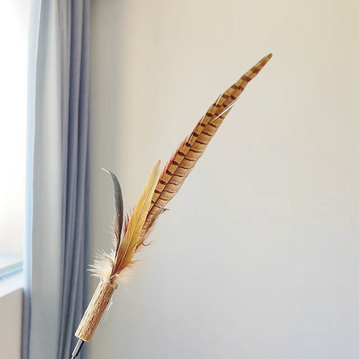 CHIYOOSU Cat Teaser Wand with Feather Bell Brown chicken feather replacement head