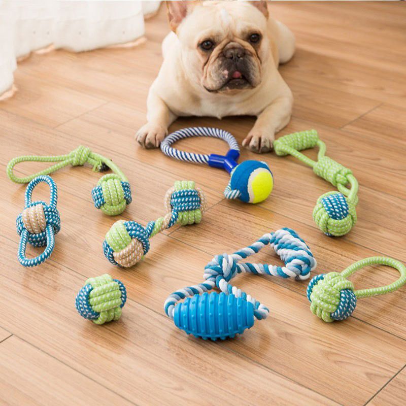 Sour bear Dog Chew Toy Cotton Rope Molar Bite Resistance Three-color dumbbell blue and green