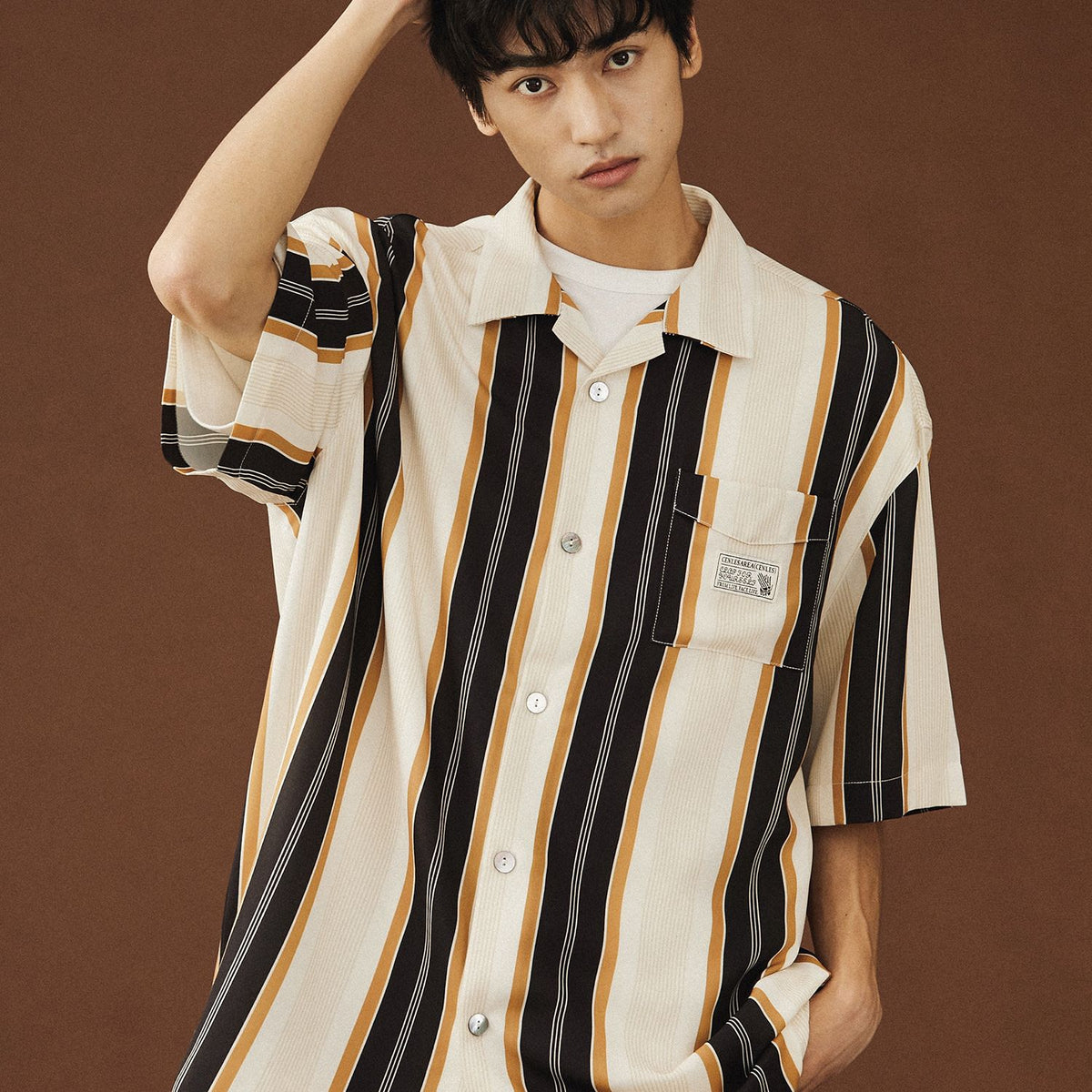 Men Short Sleeve Shirt American Style Stripe C125 Black L